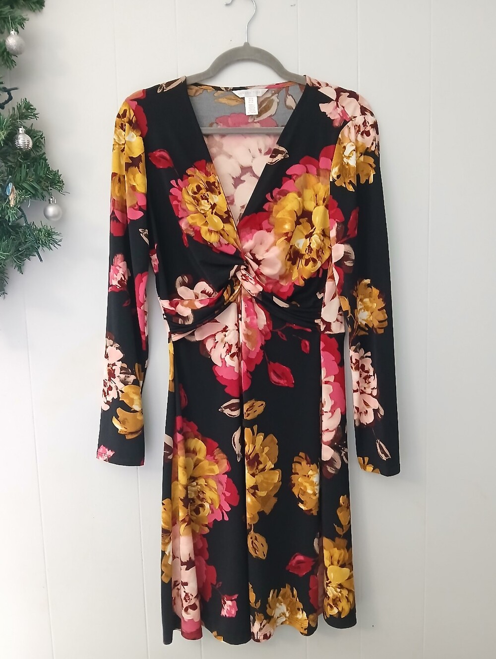 Floral Twist-Front Long Sleeve Dress - Black with Pink & Mustard Flowers